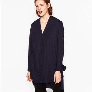 NWT S Zara Deep V Soft Shirt Dress Kimono Long Sleeve Cardi-Coat Navy Accent
